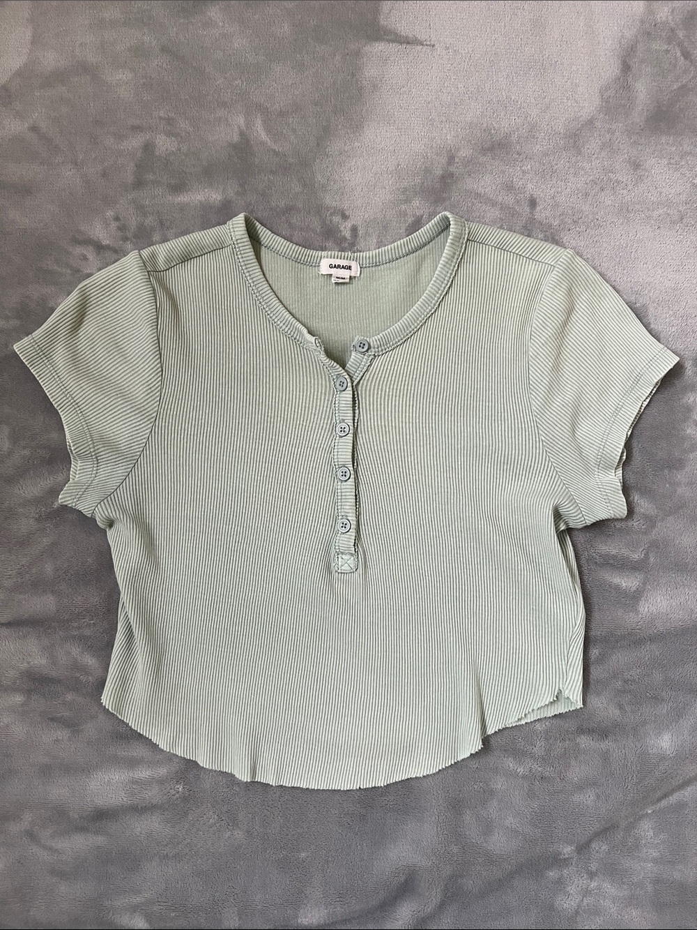 Garage Sage Green Ribbed Button-Front Crop Tee